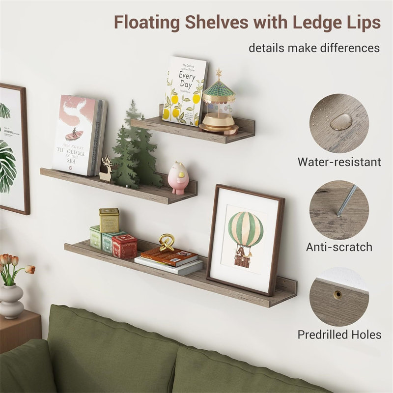 Rustic Floating Shelves Set of 3 with Lip, Picture Ledge Shelf for Nursery, Living Room – Multipurpose Storage Organizer, Bookshelf, & Photo Display Rack Walnut