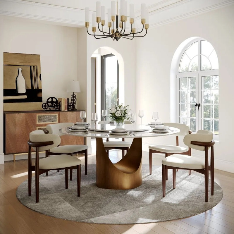 Modern Round Dining Table, Sintered Stone Tabletop With Lazy Susan, Carbon Steel Base Pre-Assembly, 29.53"H x 59"L x 59"W