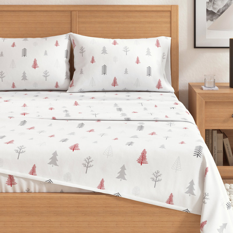 Winter Trees Red and Gray Cotton Flannel King Sheet Set