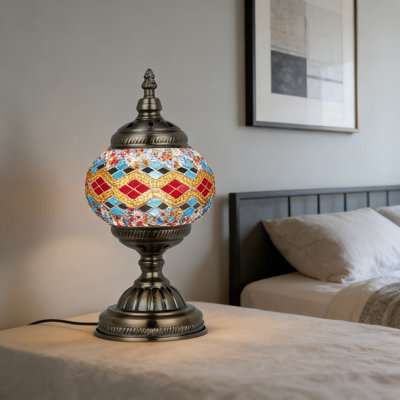 Handmade Tiffany Style Stained Glass Table Lamp With Mosaic Lampshade And Bronze Base, Includes LED Bulb For Living Room And Bedroom Decor