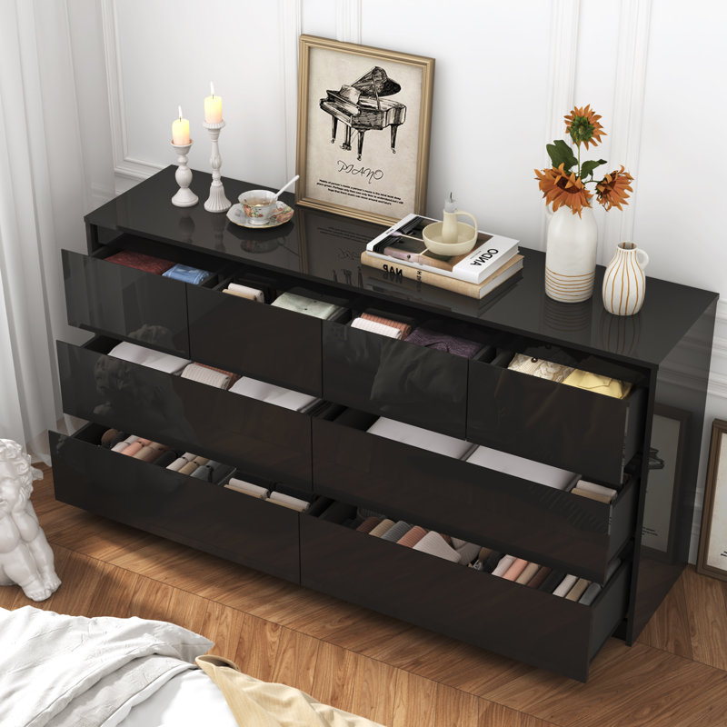 63" High Gloss 8 Drawer Dresser For Bedroom, Living Room, Entryway, Hallway, Black