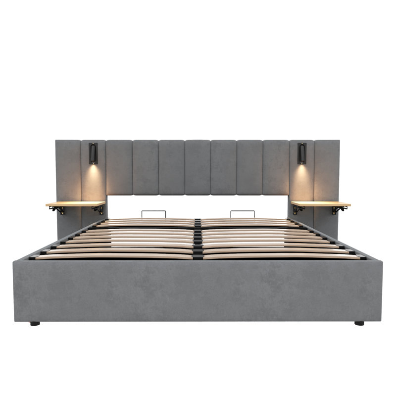 Upholstered Bed With Headboard And Adjustable Bedside Shelf Grey, Super King (6')