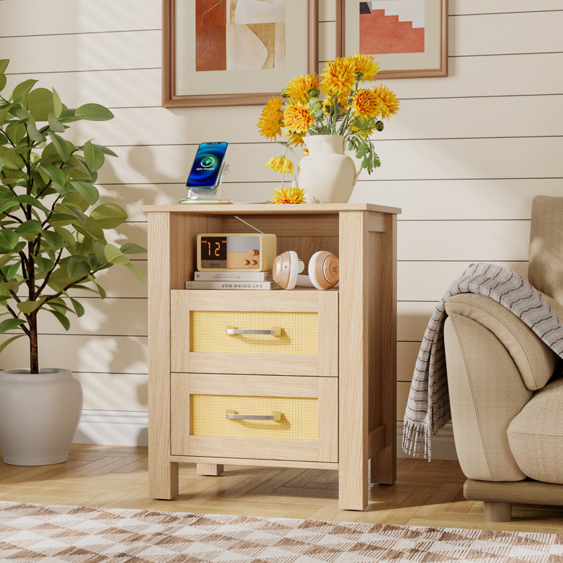 Nightstands With Charging Station - 2 Rattan Drawers, 3-tier Design, Usb/type-c Ports (set Of 2 Or Single), Beige, Individual