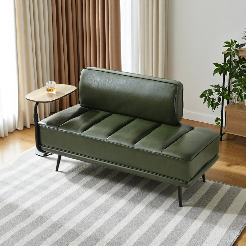 55"Inch Width Modern End Of Bed Bench,Faux Leather Upholstered With Side Table, 360-Degree Swivel Tray Couch,Entryway Ottoman,Window Bench With Metal Legs For Bedroom, Living Room