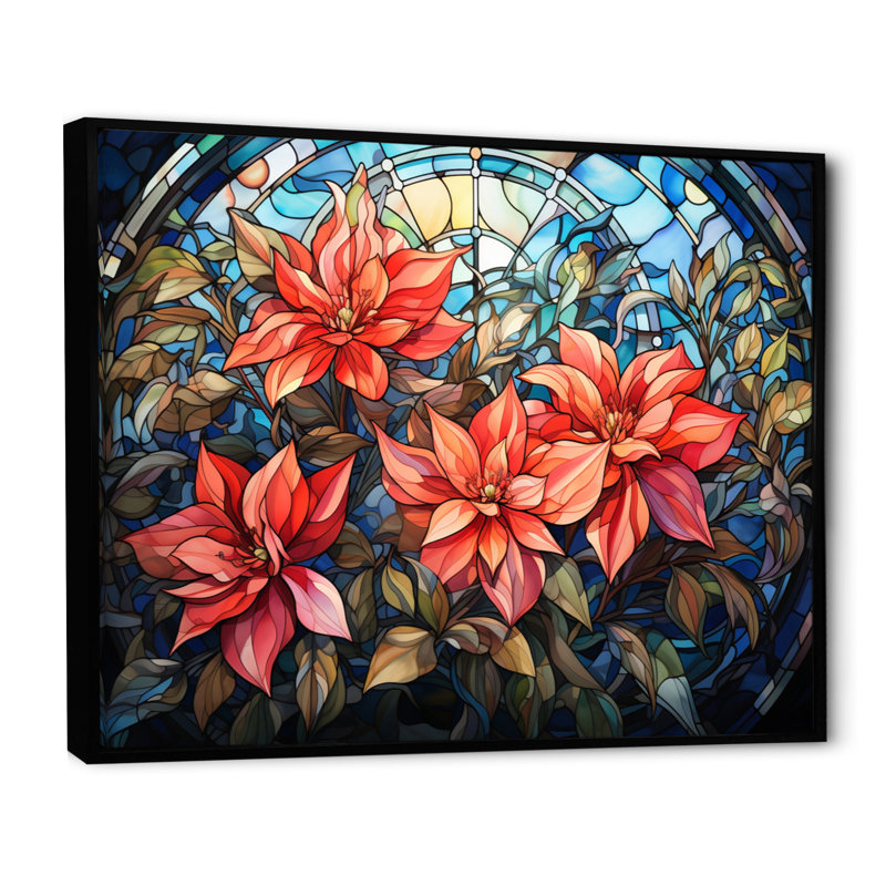 Vitrail poinsettia II - impression, Cadre flottant noir, H 24 po x l 32 po x P 1 po