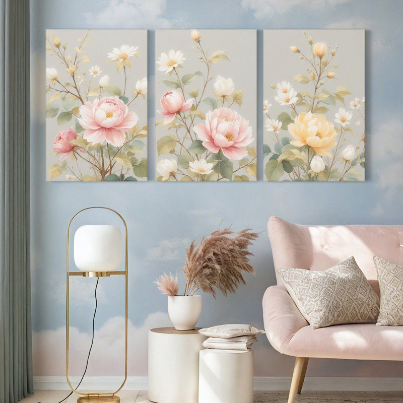 «Blush» rose et crème, reproduction d'art sur toile tendue, reproduction de peinture à l'huile (ensemble de 3)