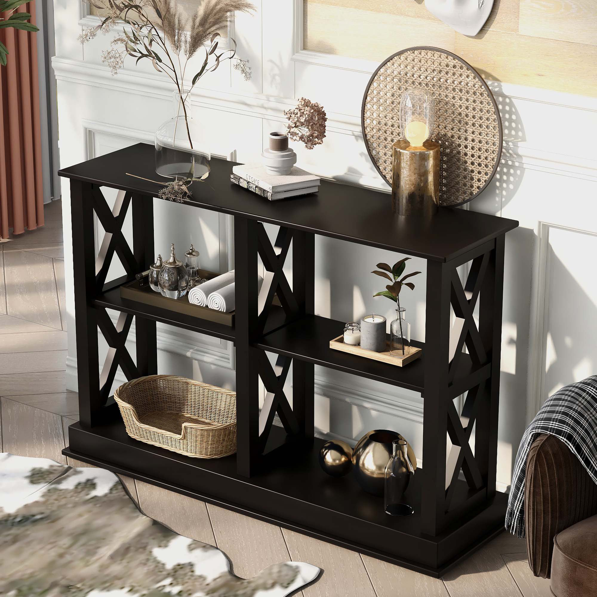 Rattan Console Table with 2 Drawers and Storage Shelf - Industrial Sofa  Table, Entryway Table for Living Room, Entryway, or Hallway - Black