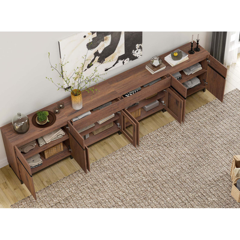 4 In 1 Sideboard Buffet Cabinets With Glass Doors And 2 Drawers, Modern Sideboard Credenza With Adjustable Shelf And Metal Base, Coffee Bar Cabinet Storage Cabinet