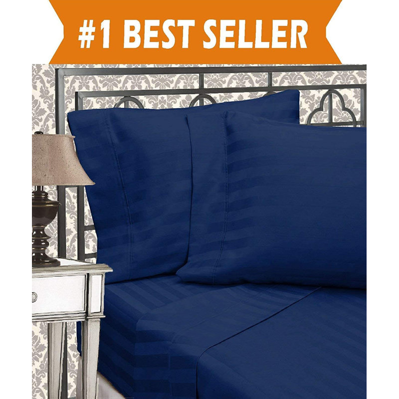 King Navy Blue Egyptian Cotton Damask Stripe Bed Sheet Set