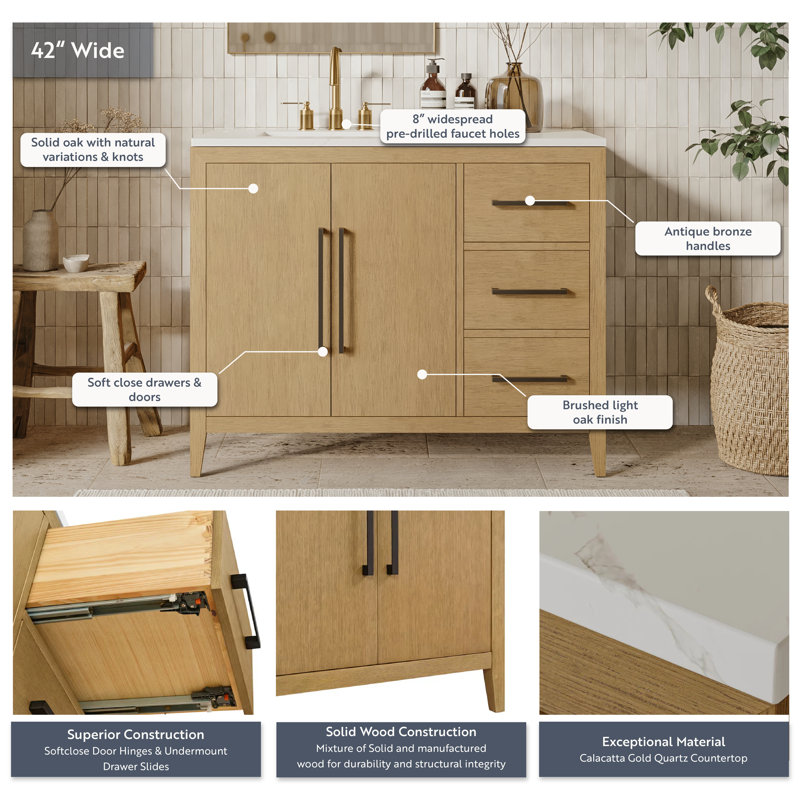 Alsup 42'' W Single Vanity, Wire Brushed Oak