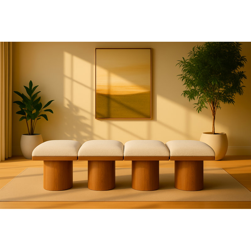Banc rembourré Horatia, Tissu crème bouclé, Noyer brun, H 17,5 po x l 72 po x P 15,5 po