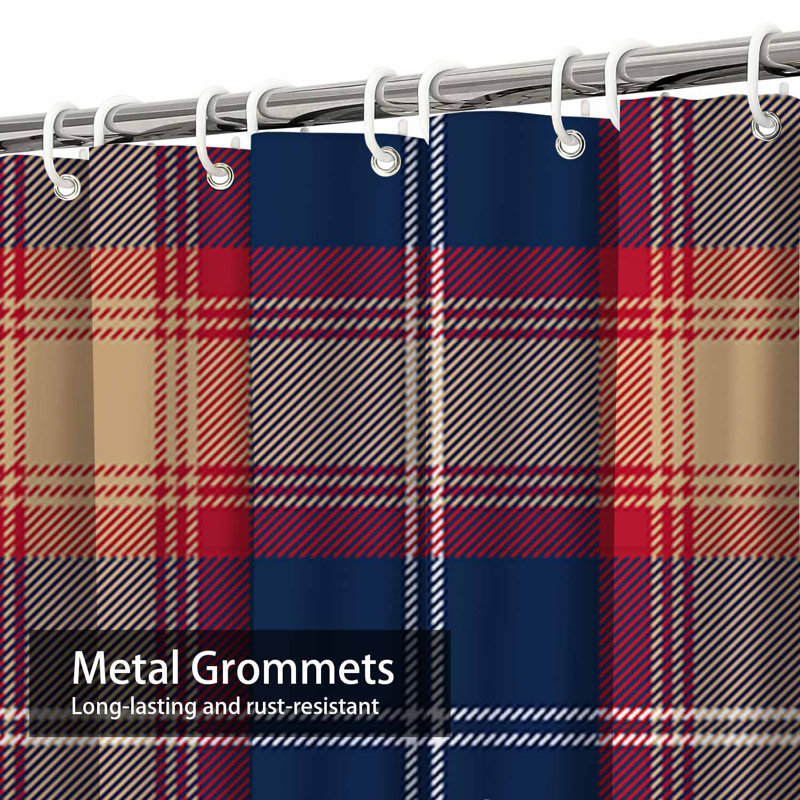 Rideau de douche rouge / beige / tartan / bleu avec 12 crochets, L 72 po x l 84 po