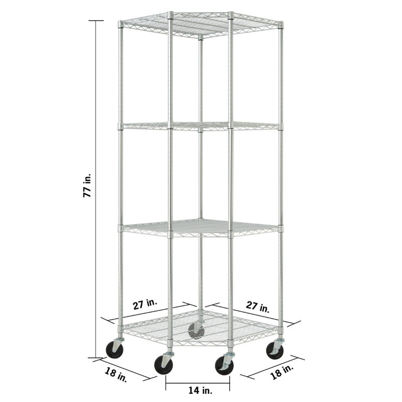 Adjustable Gray Steel 4-Tier Corner Shelving Unit with Wheels