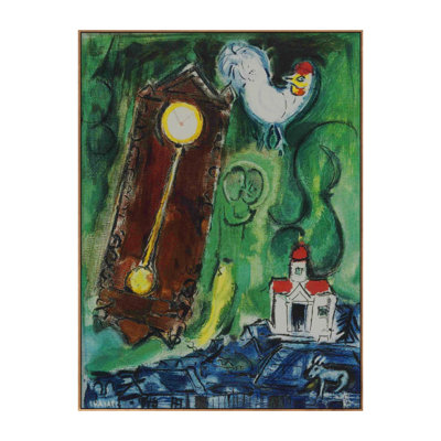 Impression sur toile encadrée, "L'horloge et le coq" par Marc Chagall, art mural pour le salon, décorations de bureau à domicile (cadre de couleur bois mince, 12 po x 16 po)