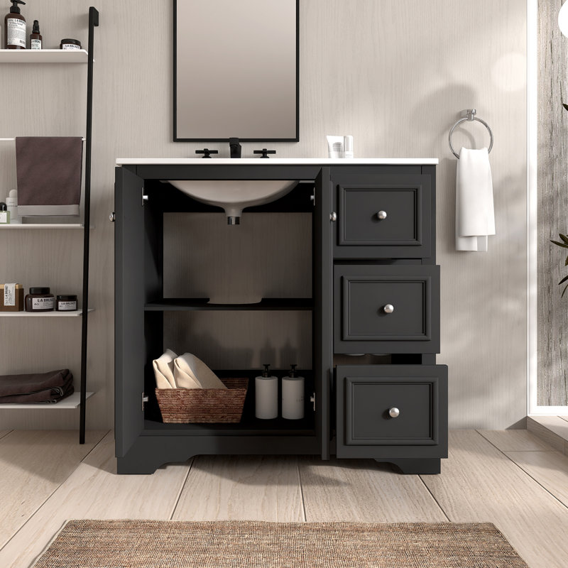 Meuble-lavabo simple 36 po avec comptoir en céramique 36 po, Noir, noir, noir, noir