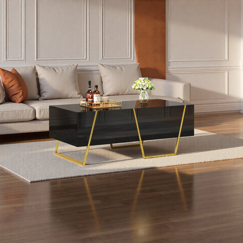 Table basse rectangulaire moderne ultrabrillante pour le salon avec rangement et base dorée, 4 tiroirs