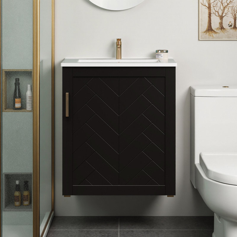 Meuble-lavabo mural noir avec lavabo et rangement latéral - Porte à fermeture douce, design moderne, Noir