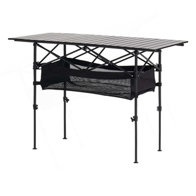 Folding Portable Camping Table With Adjustable Height, Lightweight Aluminum Frame, And Compact Roll-Up Design For Outdoor Use.