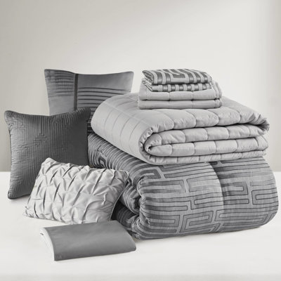 King Size 10 - Piece Luxury Grey Comforter With Comforter, Quilt, Shams, Decor Pillows And Delicate Texture Bed Skirt Embroidered Pattern