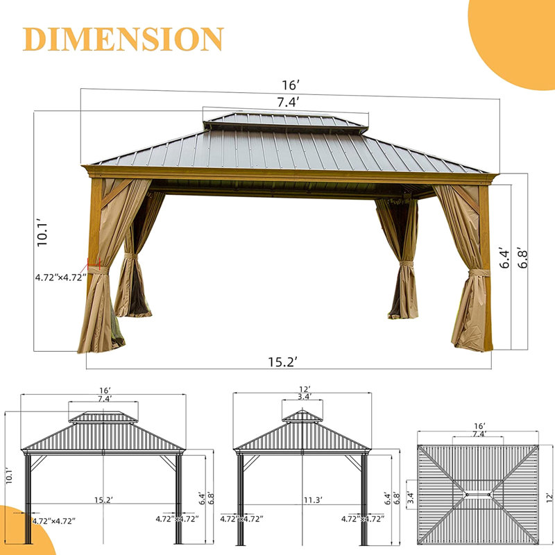 Pavillon de jardin 12 pi x 16 pi avec toit en acier galvanisé rouillé et structure en aluminium avec double intimité dans les espaces extérieurs