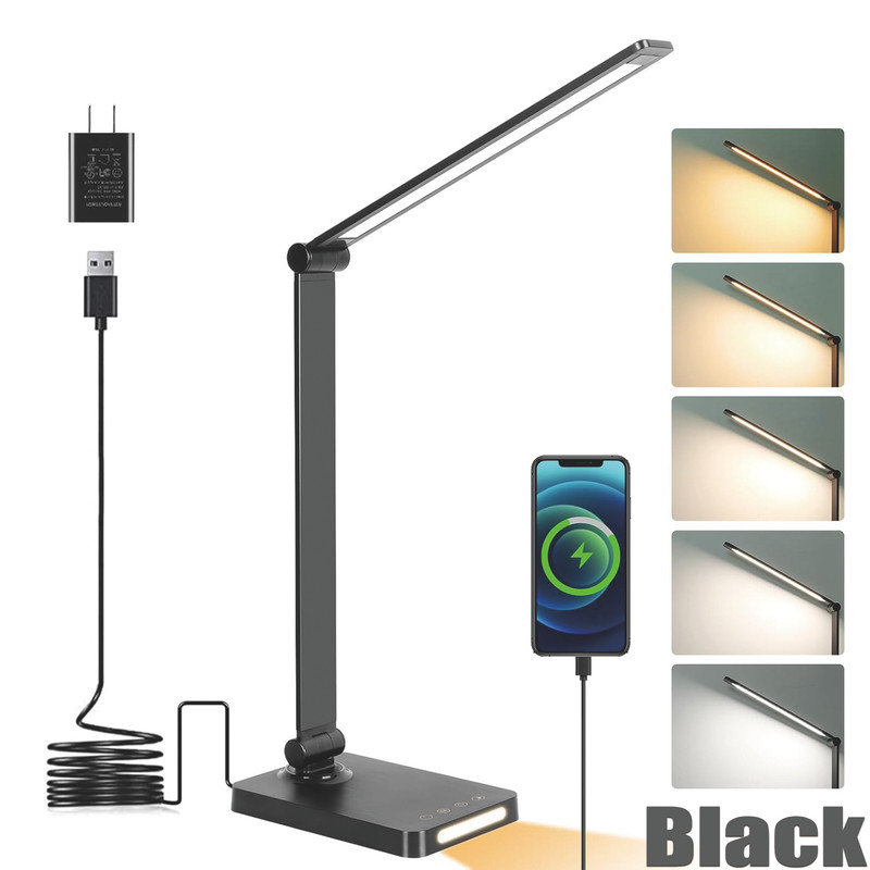 LED Desk Lamp with USB Ports,with 5 Colour Modes,3 Brightness Desk,Gold(with adapter), Black