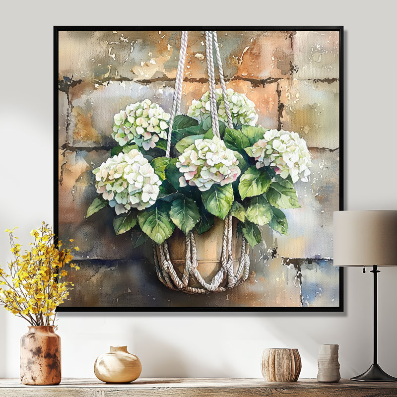 «Hydrangeas In A Macrame I», art sur toile, Impression encadrée flottante, Noir, noir, noir, noir, H 16 po x l 16 po