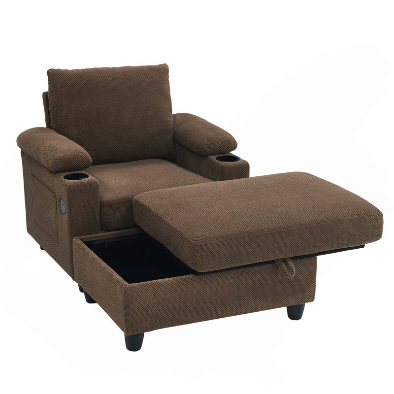 Ensemble de fauteuil d'appoint polyvalent et repose-pieds avec rangement, canapé-lit convertible avec dossier inclinable, porte-gobelets et ports USB-C