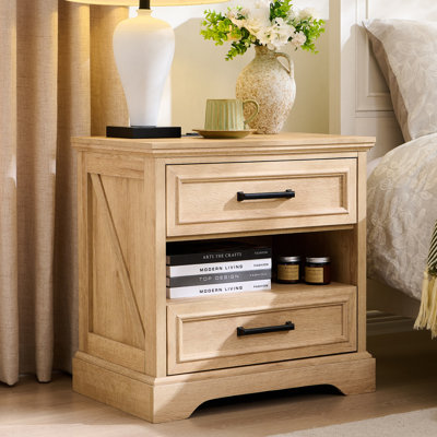 24" Farmhouse End Table With Charging Station, 2 Drawers Large Side Table With Open Shelf, Rustic Nightstand For Bedroom,living Room