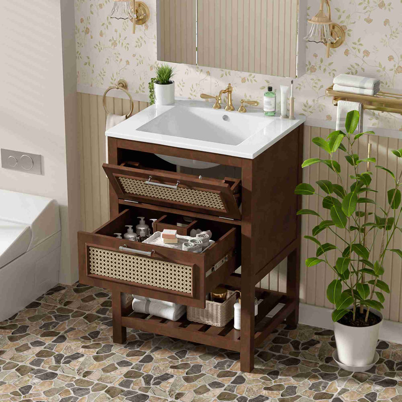 Meuble-lavabo 24 po avec lavabo en céramique intégré, Marron foncé