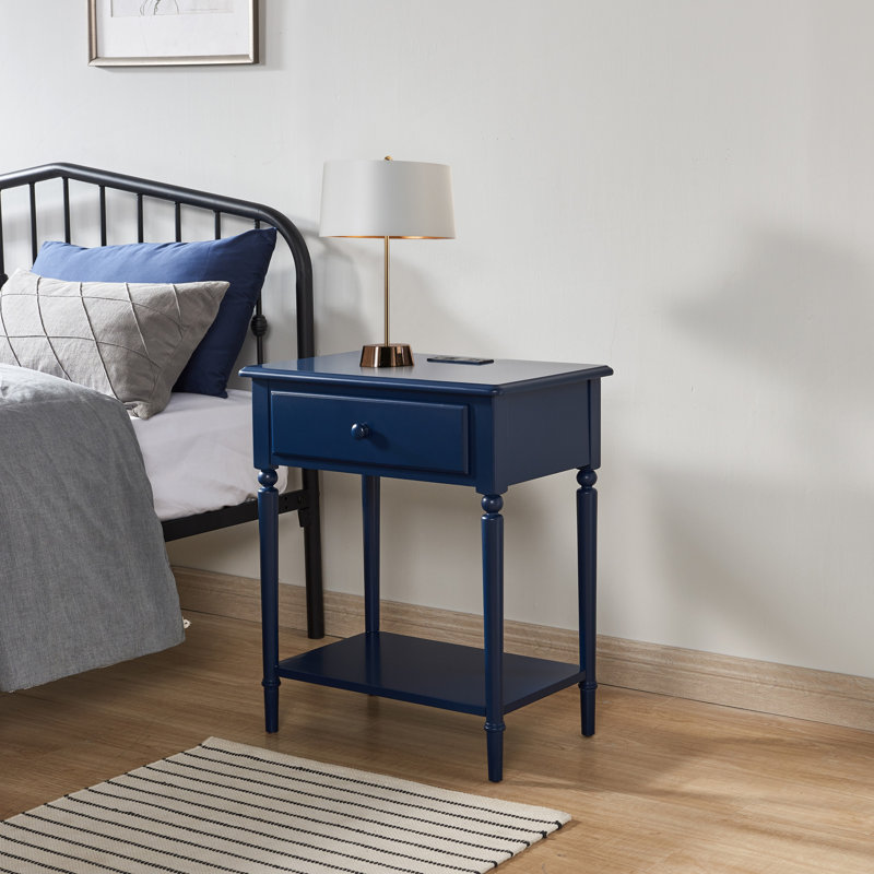 Coastal Solid Manufactured Wood Side Table with AC/USB and USB-C Port, Navy Blue