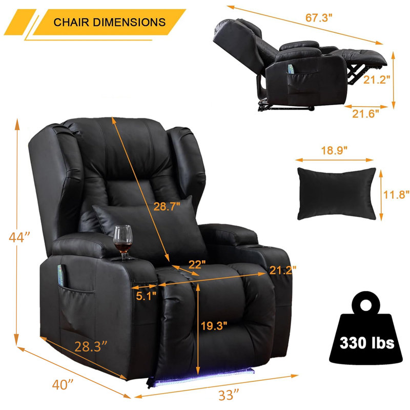 Aguilera 33" Wide Faux Leather Heated Power Recliner Massage Home Theater Individual Seat with Cup Holder, Black