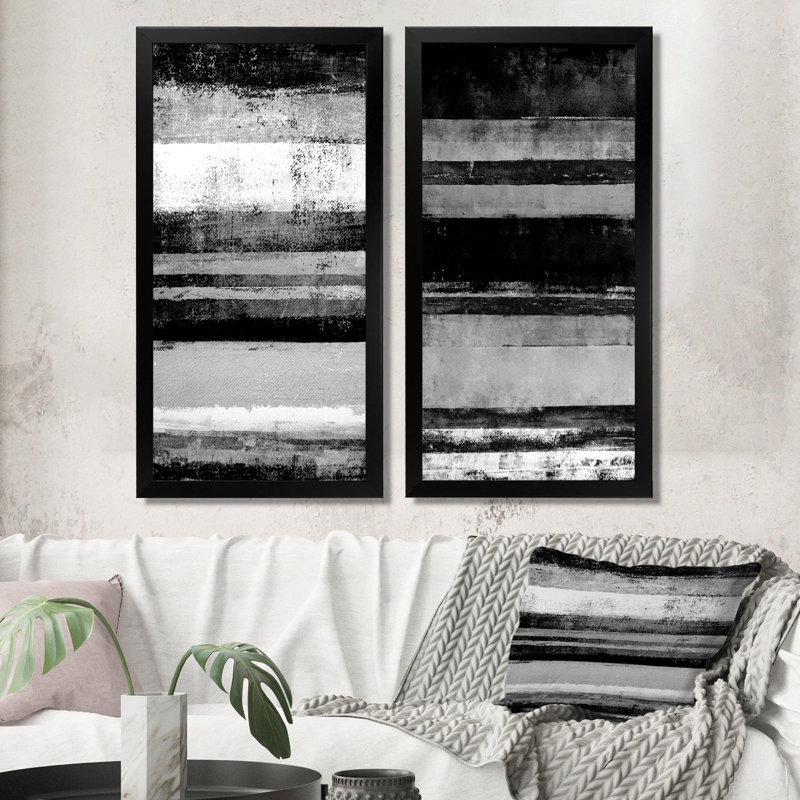 Ensemble de 2 peintures sur toiles - bandes abstraites noires et blanches, H 20 po x l 24 po x P 1 po, Cadre photo noir