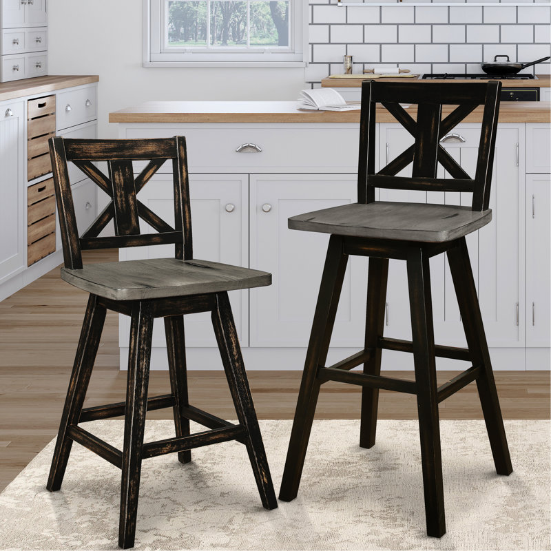 De 2 chaises pivotantes rustiques à hauteur de comptoir en bois d'hévéa massif pour 2 salles à manger, Noir/gris