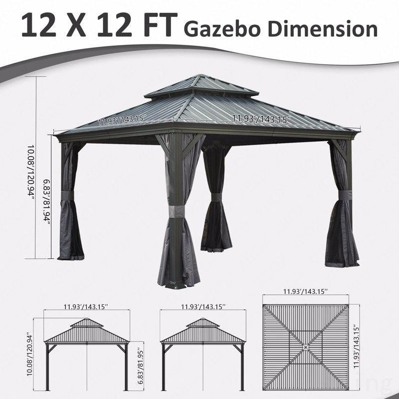 12X12FT Gazebo Metal, Mosquito Net For Outdoor Use With Galvanized Steel Double Roof & Drainage System (Grey), Gray