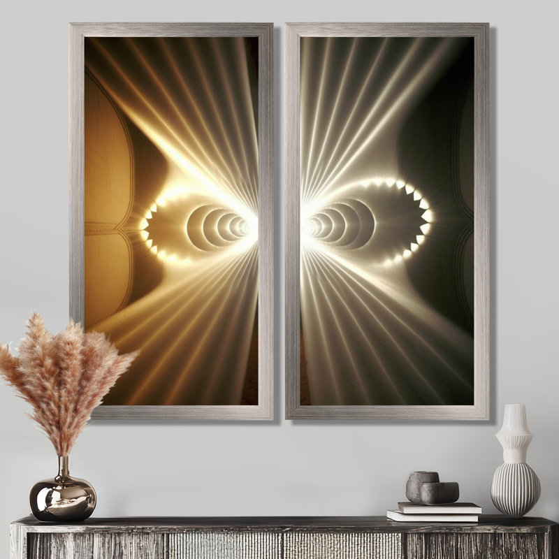 Faisceaux lumineux à travers l'espace en jaune rétro - art encadré de fractales, décoration murale abstraite jaune 2 pièces