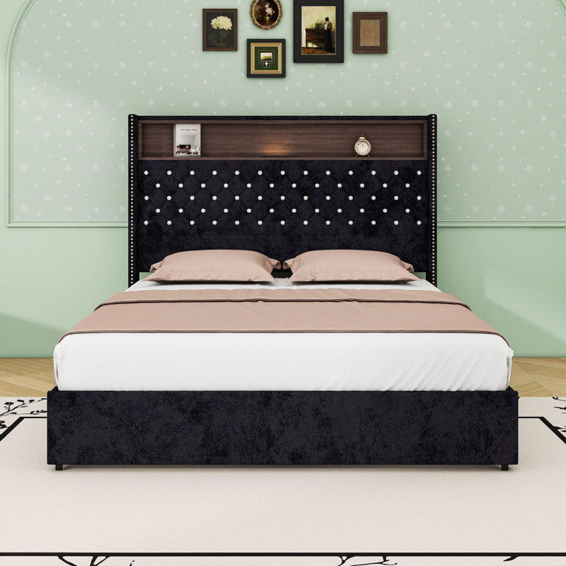 Lit plateforme tapissier avec port USB et veilleuse, Noir, Grand