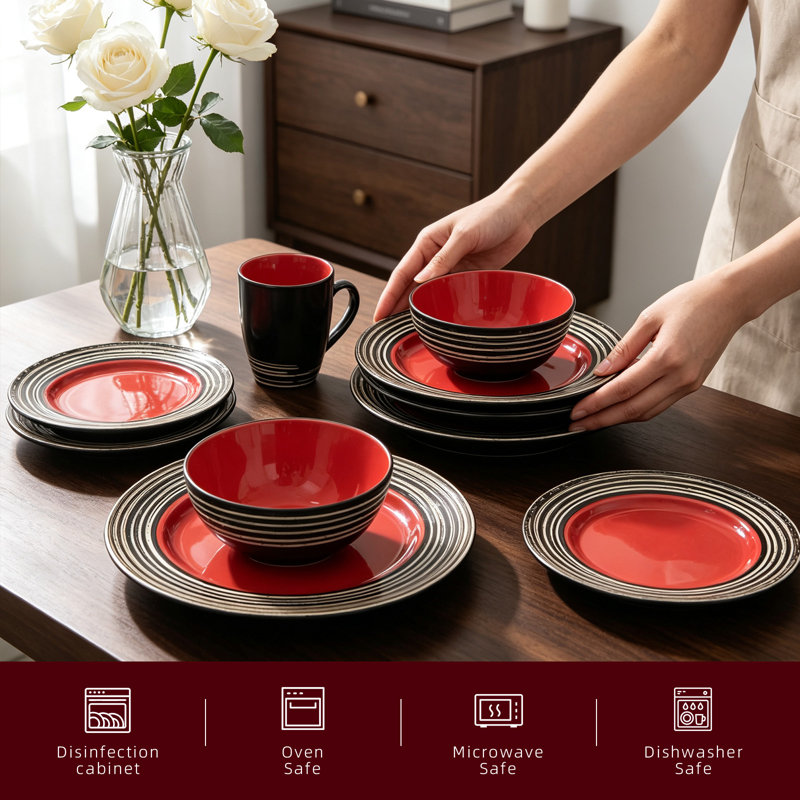 HomeVSS 16-Piece Tree Bark Stoneware Dinnerware Set, Service for 4, Strawberry