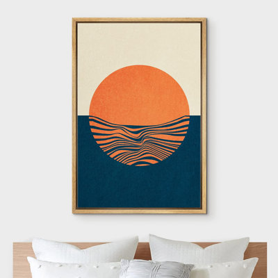 Abstract Vibrant Color Blocks Geometric Neon Orange Sun Ocean Wave Landscape Abstract Shapes Illustrations Modern Artwork