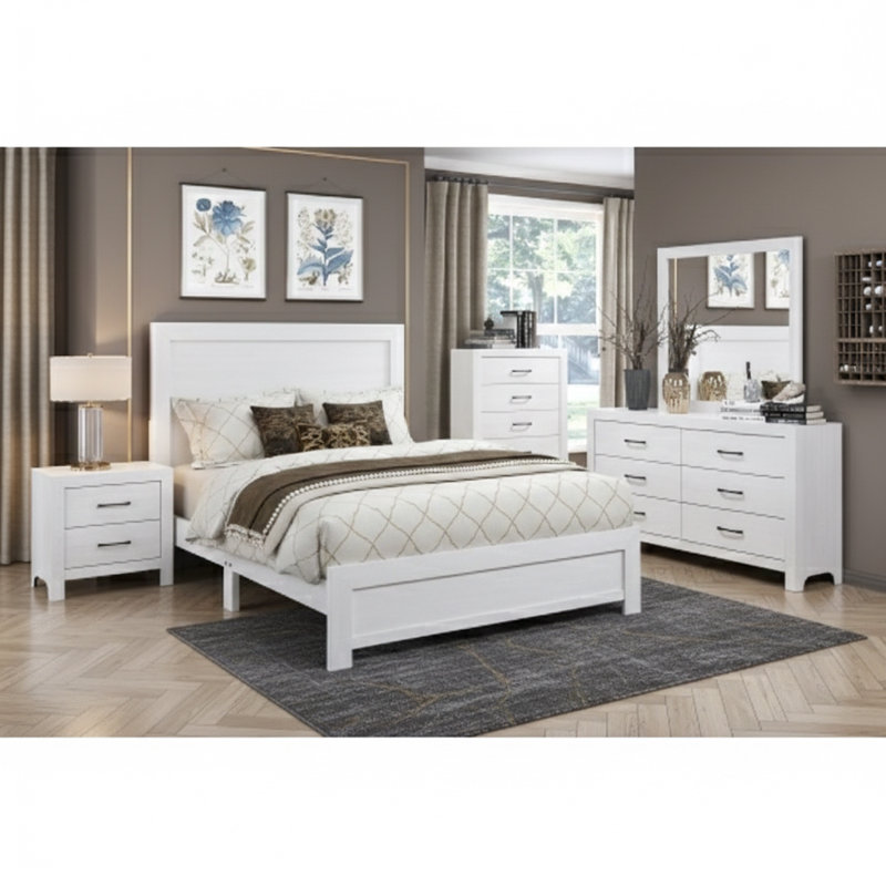 Grand lit à panneau blanc à finition blanche, un meuble de chambre à coucher en bois, livré dans une boîte.