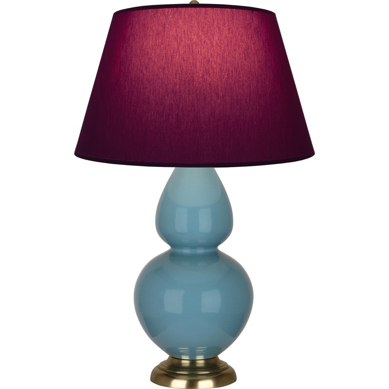 Lampe de table double gourde en céramique, Prune / lavande, Bleu acier émaillé / laiton, Laiton