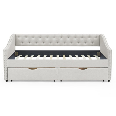 Modern Daybed With Drawers Upholstered Tufted Sofa Bed, With Button On Back And Copper Nail On Waved Shape Arms