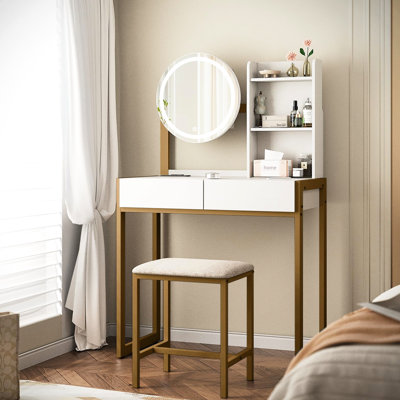 Meuble-lavabo compact pour chambre à coucher avec miroir à DEL intelligent, 3 options d'éclairage, prise de courant, tiroir et tabouret, modes or blanc, alimentation intégrée, rangement confortable