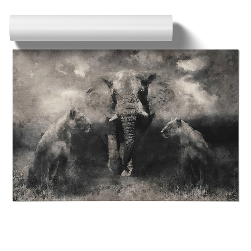 Elephant with Lions Painting - Frameless Print, 21cm H x 30cm W x 0.1cm D