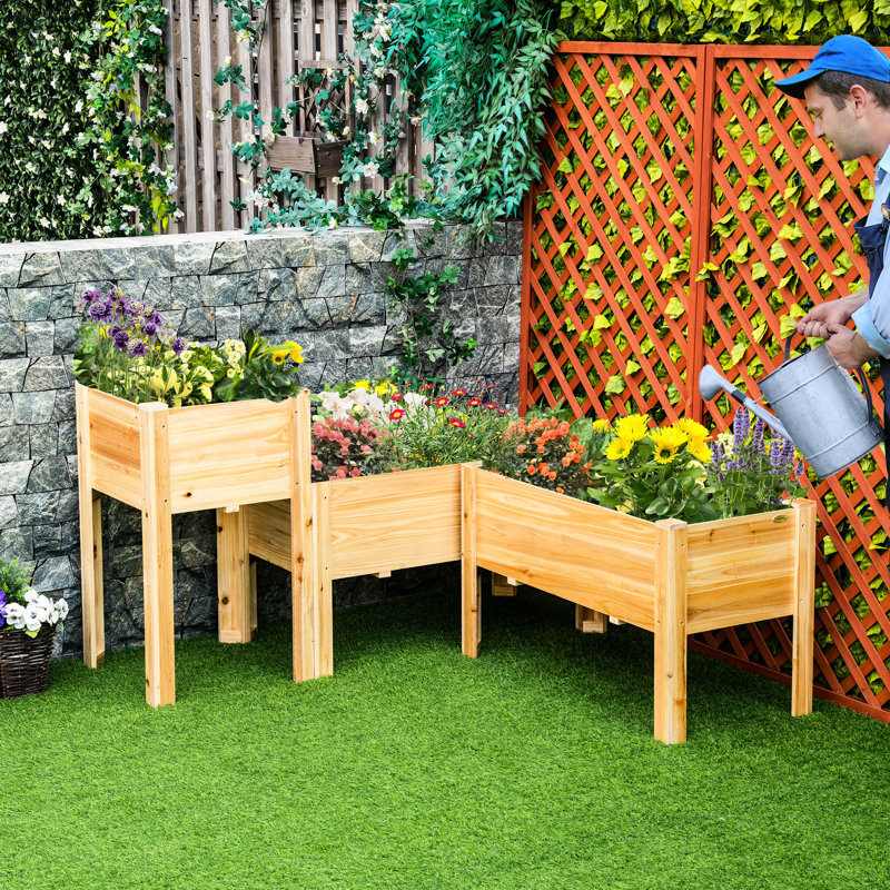 Raised Garden Bed Trio, Wooden Elevated Planter Boxes With Legs And Liners. For Backyard Patio. Grow Veggies, Herbs, Flowers. Natural Wood. Breathable, Regulation. Wood Construction. Customizable