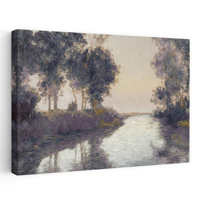 Serene Reflections - Contemporary River Scene Impressionist Brushwork Mute Colors Art, H 24 po x l 16 po