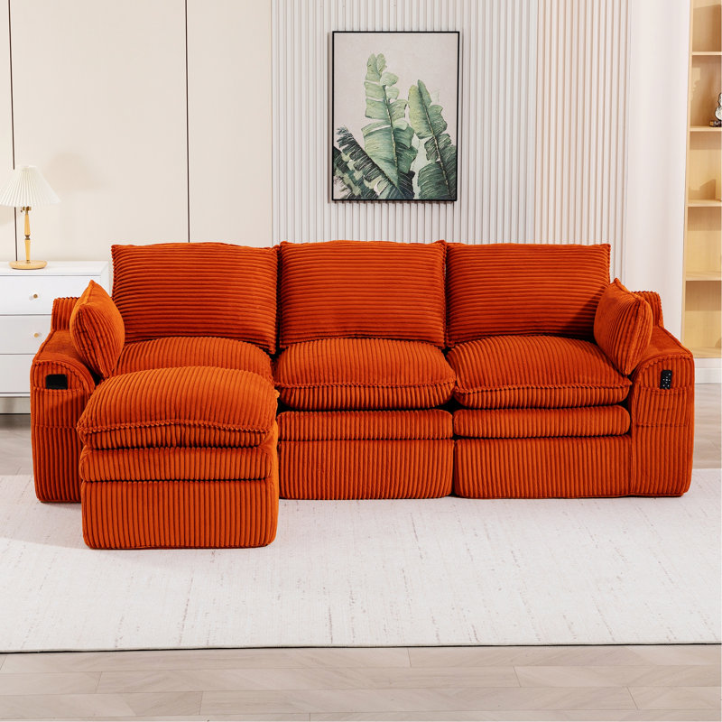 Canapé modulaire en L avec repose-pieds mobile, Velours côtelé orange