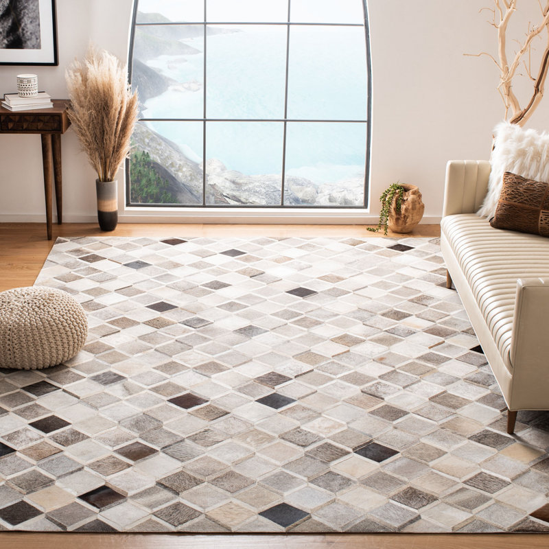 Sebring Hand Woven Leather/Felted Cloth Geometric Rug in Ivory/Gray, Rectangle 8' x 10'