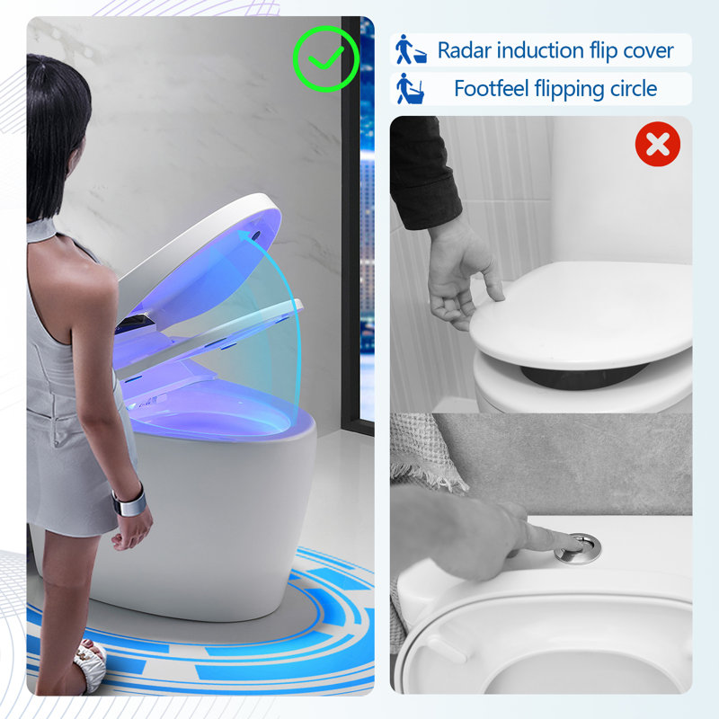 Toilette intelligente, toilette à une pièce à chasse d'eau automatique, toilettes électriques sans réservoir avec siège chauffant, capteur de pied, affichage DEL, veilleuse et sécheuse (blanc)