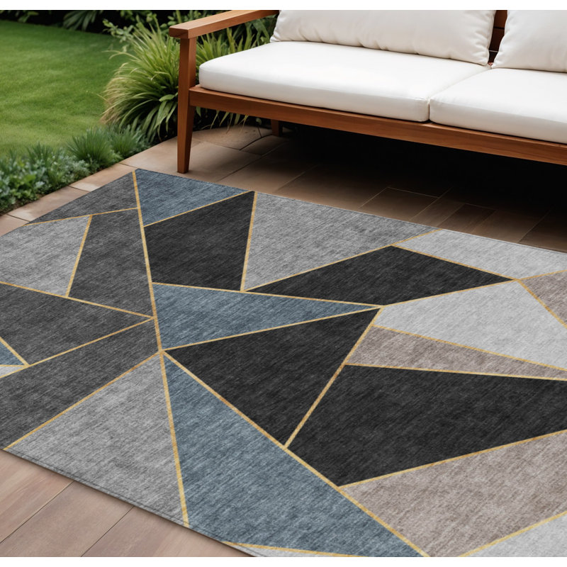 Tapis extérieur lavable à motif géométrique gris anthracite et gris 9 pi x 12 pi