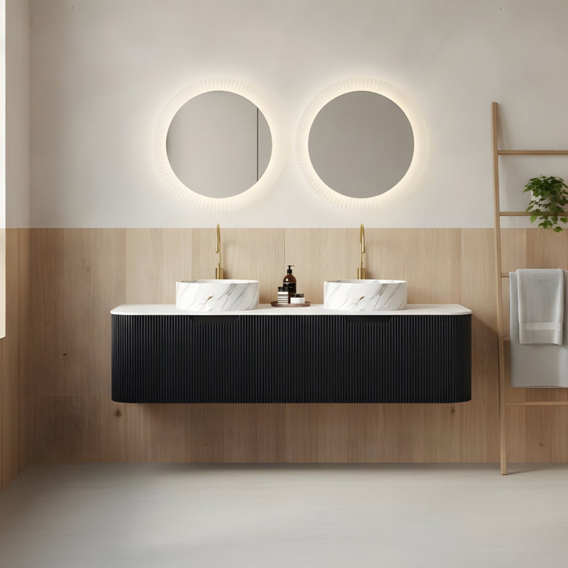 Meuble-lavabo flottant mural 60 po avec 2 lavabos ronds en céramique et 2 tiroirs, 60"